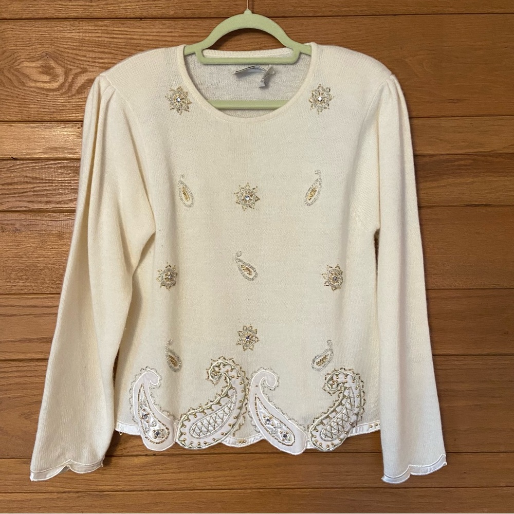 Vintage 80s Marissa Christina lambswool angora silver gold beaded embellished sw